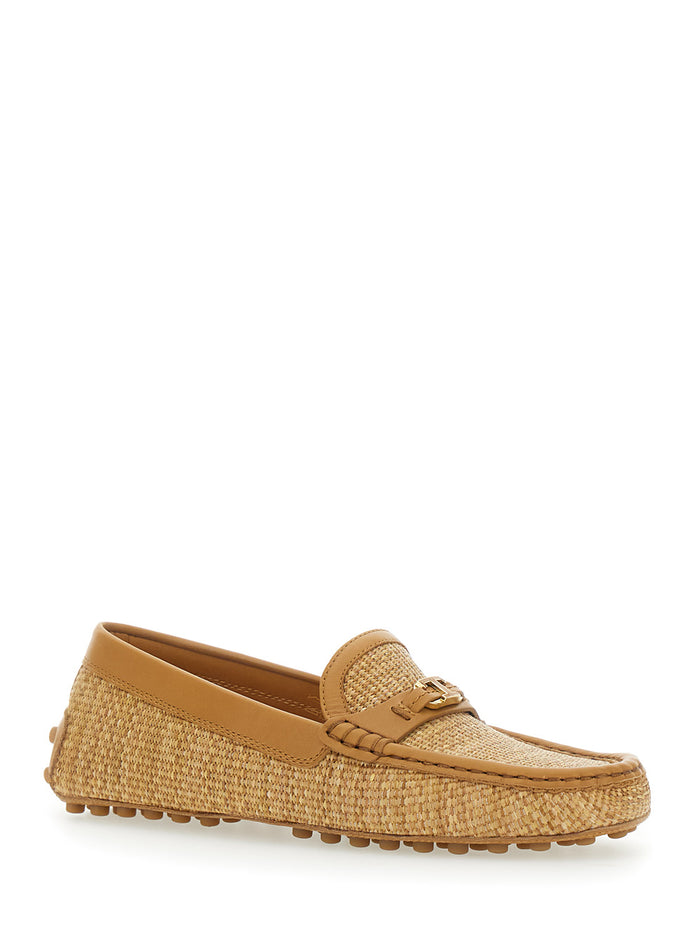 Raffia Loafers Beige With Rounded Toe In Cotton Women Polyamide