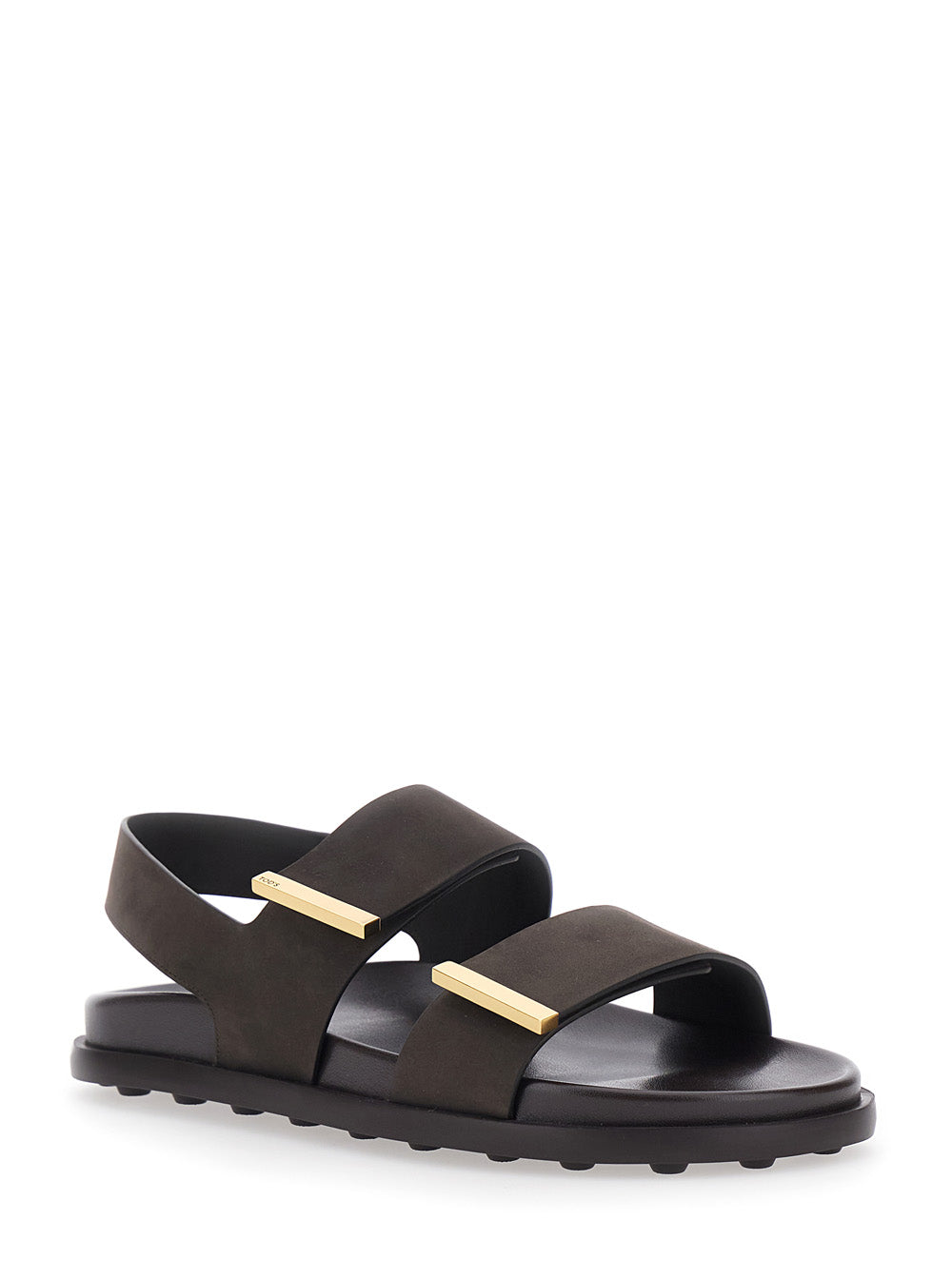Brown Leather Sandals with Strap Design and Metallic Logo Details for Women Calf Flat Shoes