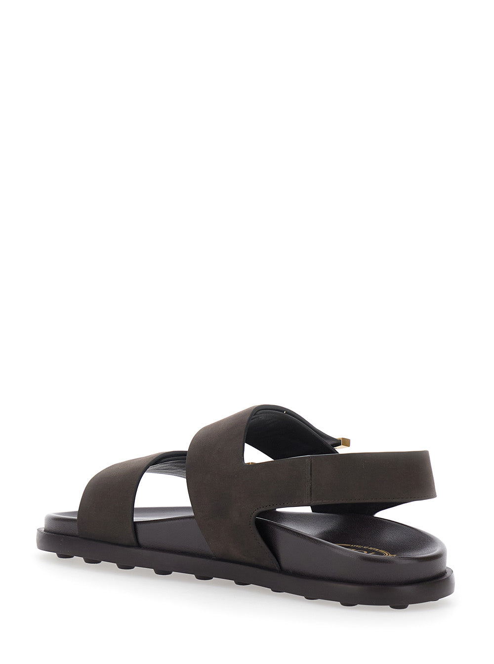 Brown Leather Sandals with Strap Design and Metallic Logo Details for Women Calf Flat Shoes