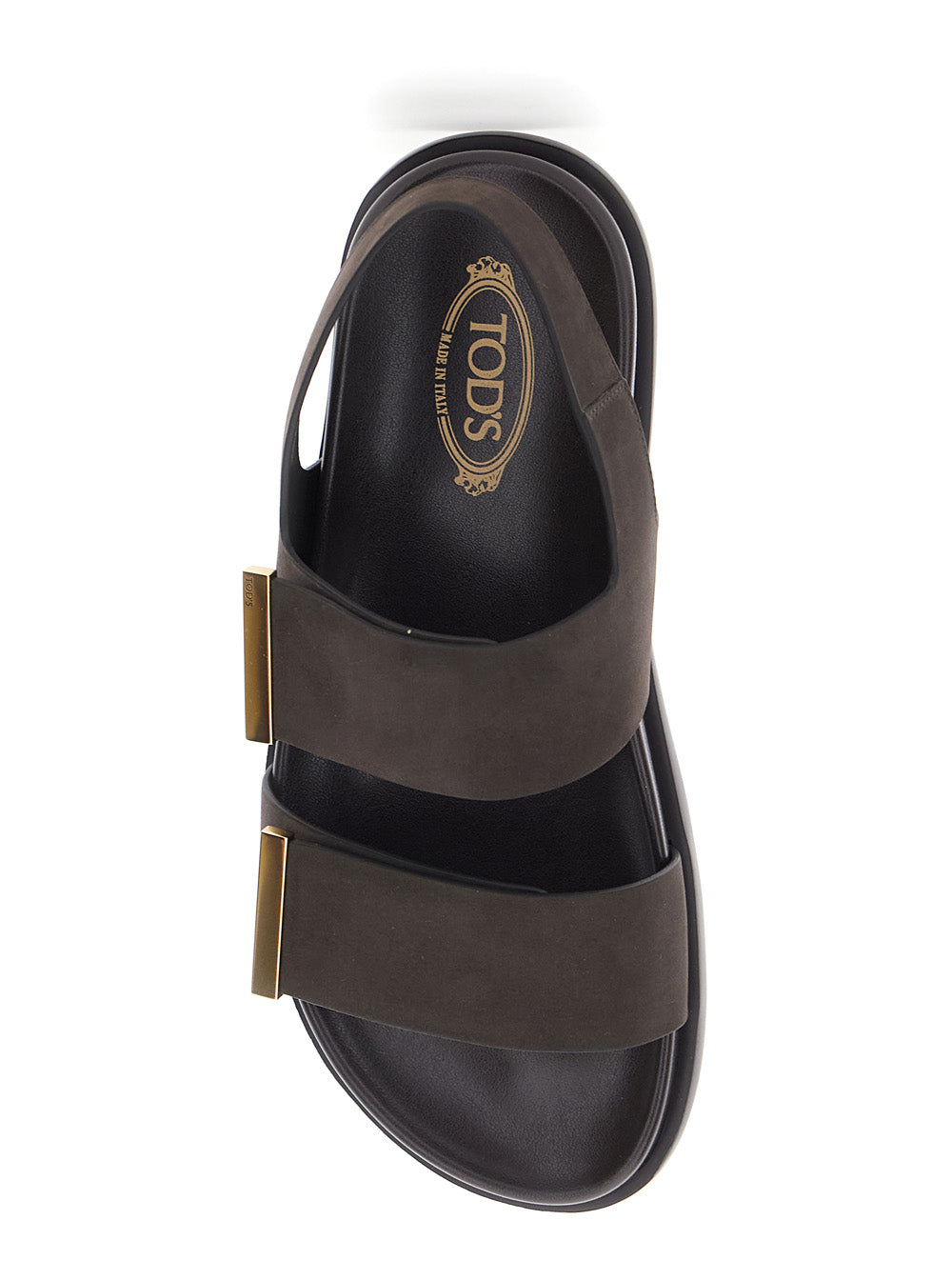 Brown Leather Sandals with Strap Design and Metallic Logo Details for Women Calf Flat Shoes