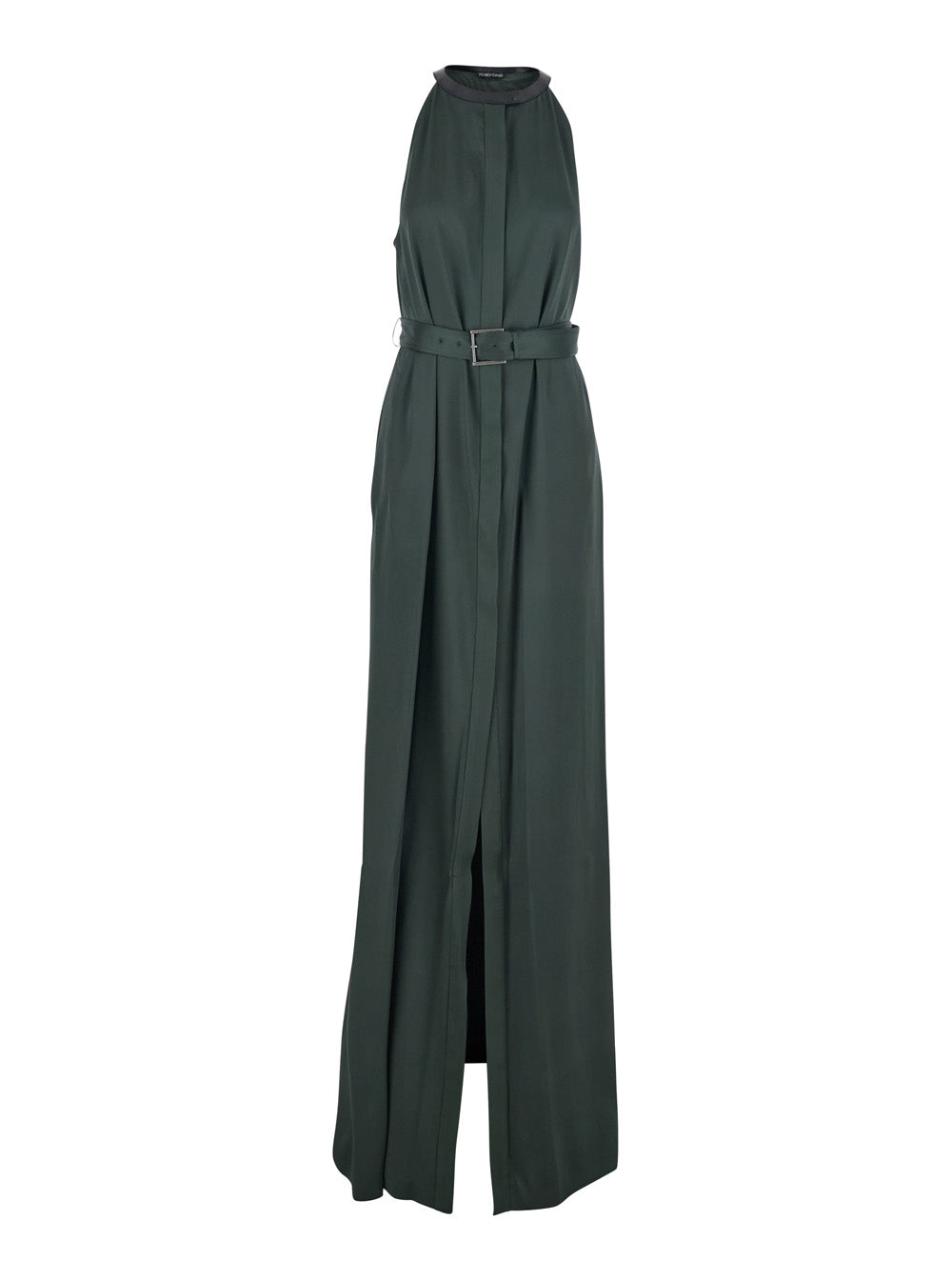 Green Long Dress with Halterneck and Front Belt in Viscose Blend for Women Acetate
