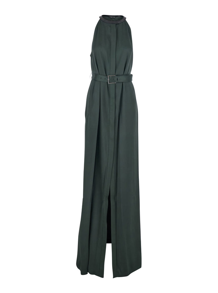 Green Long Dress with Halterneck and Front Belt in Viscose Blend for Women Acetate