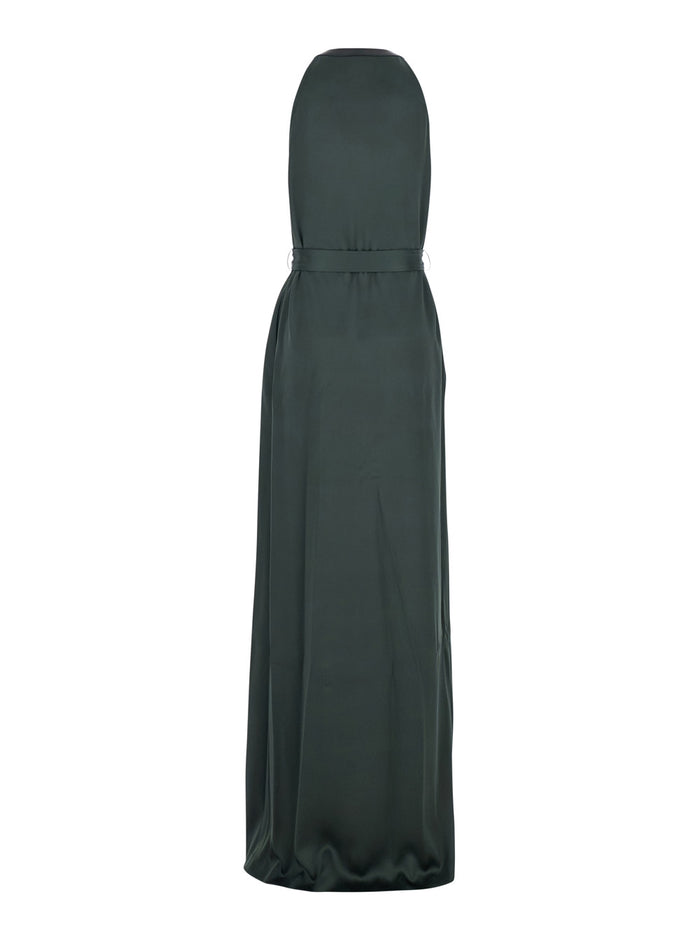 Green Long Dress with Halterneck and Front Belt in Viscose Blend for Women Acetate