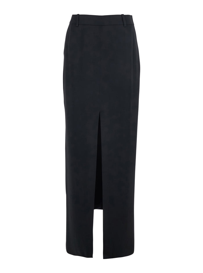 Black Long Skirt with Single Vent on the Front and Hidden Zip Closure Side in Viscose Blend for Women Acetate