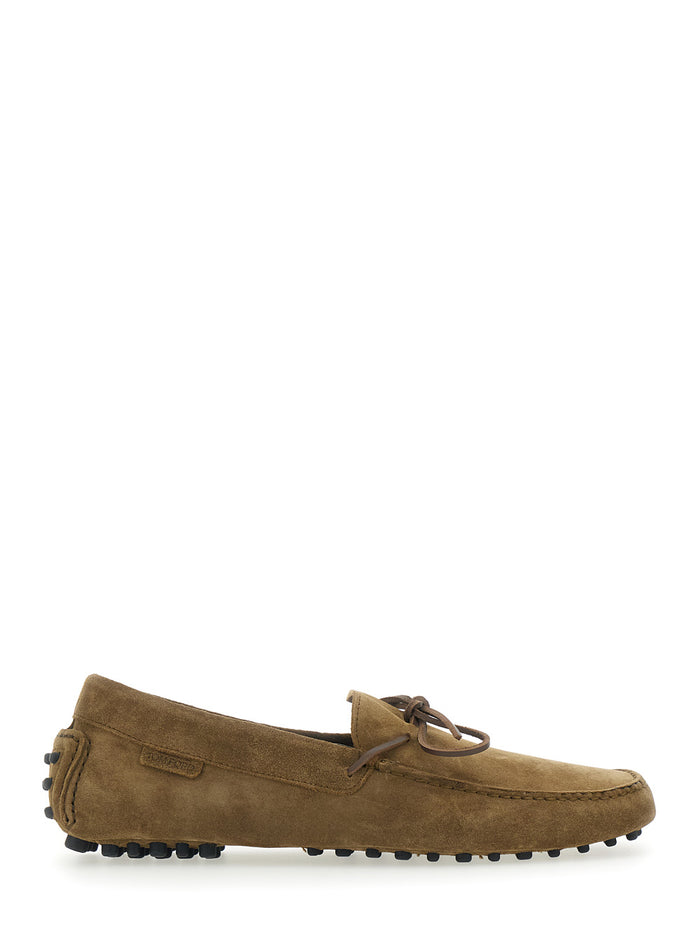 Driver Brown Loafers with Rounded Toe and Bow Detail in Suede for Men Calf