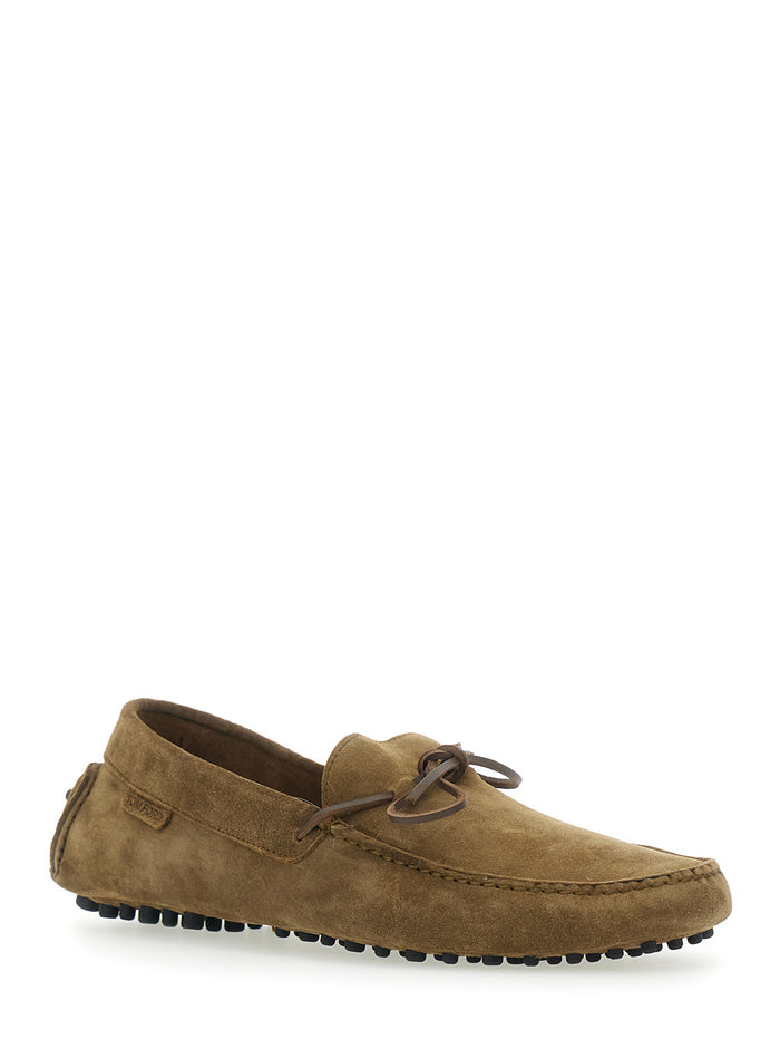 Driver Brown Loafers with Rounded Toe and Bow Detail in Suede for Men Calf
