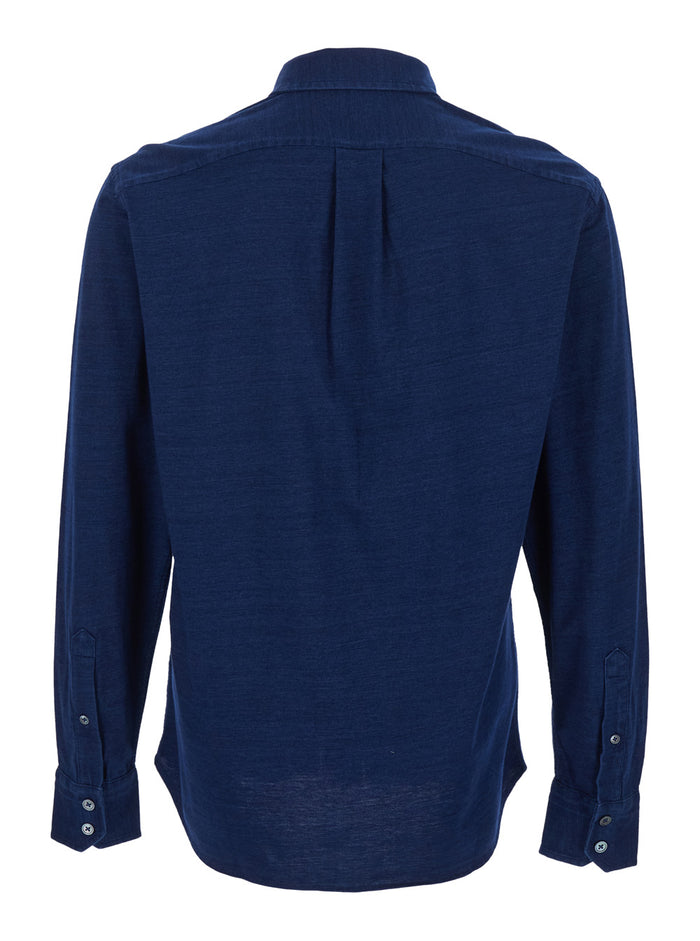 Blue Long-Sleeved Shirt with Classic Collar and Denim Effect in Cotton for Men Blu Blouses