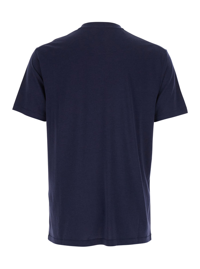 Blue Crew Neck T-Shirt with Logo Embroidery on the Front in Cotton Blend Man Blu Lyocell Tshirts And Polo Shirts