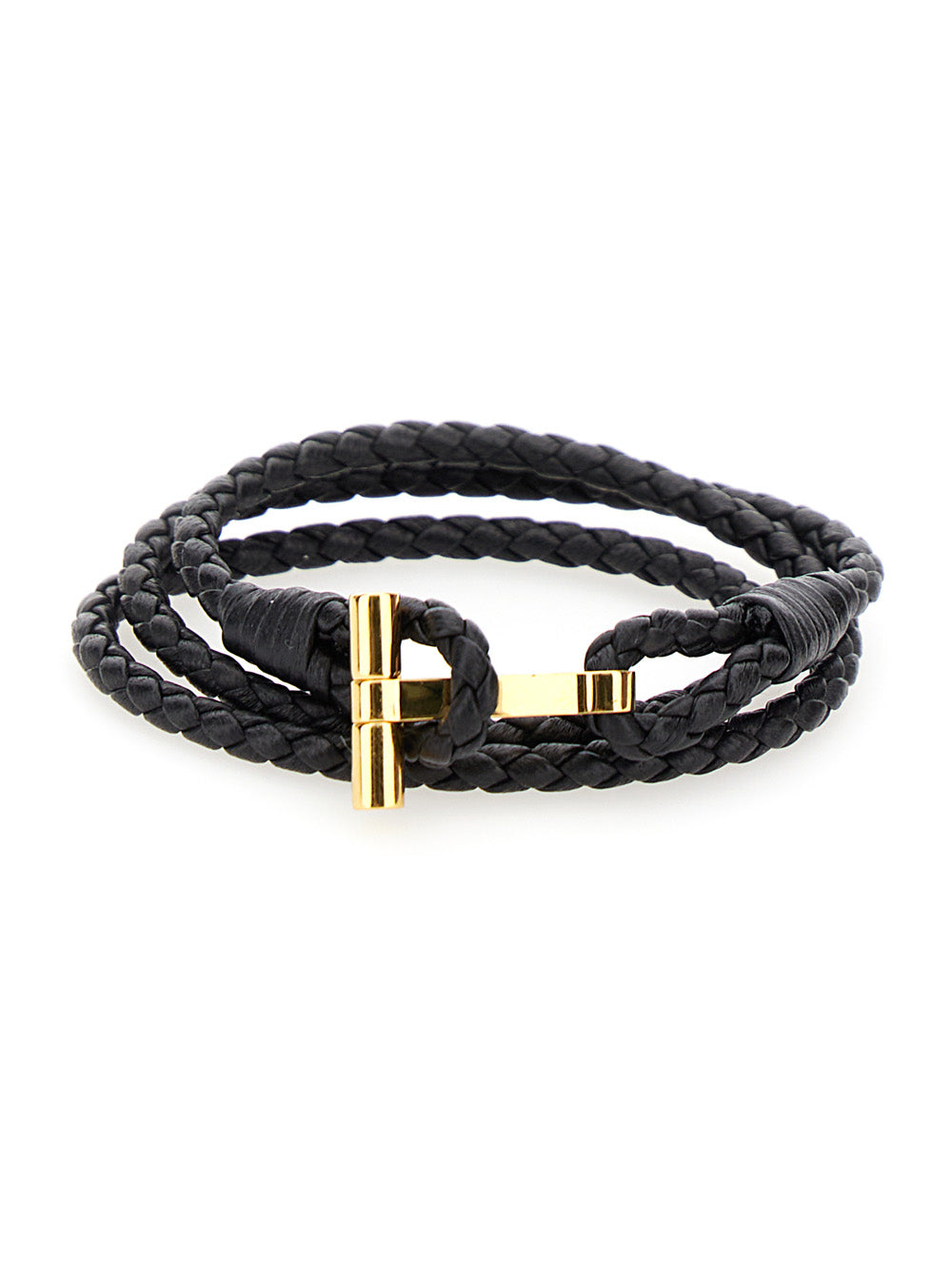 Black Bracelet With T Detail Woven Leather For Men