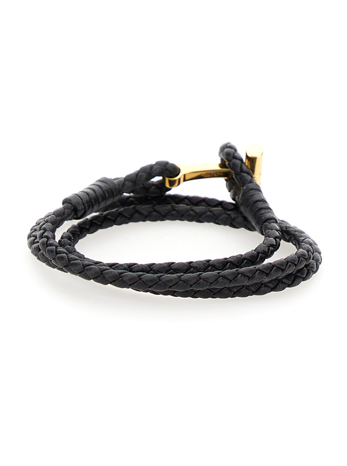 Black Bracelet With T Detail Woven Leather For Men