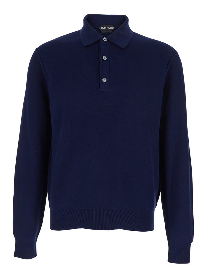 Blue Polo Shirt with Classic Collar and Front Button Closure in Silk Cotton Blend for Men Blu Tshirts