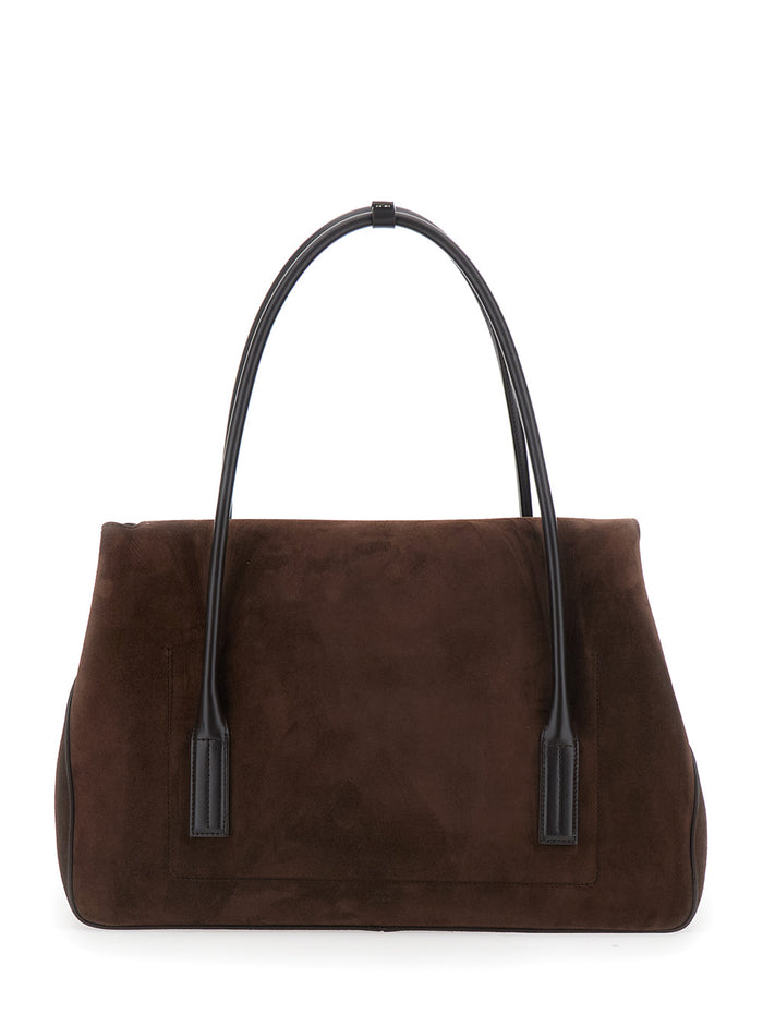 Brown Large Shoulder Bag with Padlock Details on the Front in Suede Woman Calf
