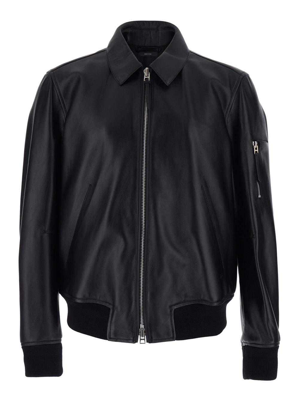 Black Jacket with Classic Collar and One Zip Pocket on the Sleeve in Leather for Men Lamb Outerwear