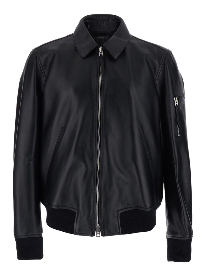 Black Jacket with Classic Collar and One Zip Pocket on the Sleeve in Leather for Men Lamb Outerwear