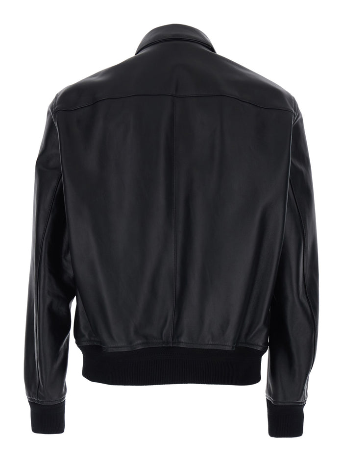 Black Jacket with Classic Collar and One Zip Pocket on the Sleeve in Leather for Men Lamb Outerwear