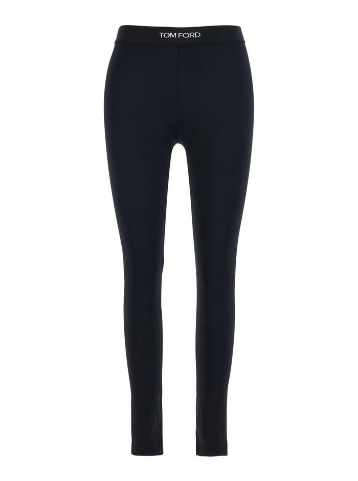 Black Leggings with Logo Lettering on the Waist in Tech Fabric Stretch Woman Polyamide Elastane Trousers