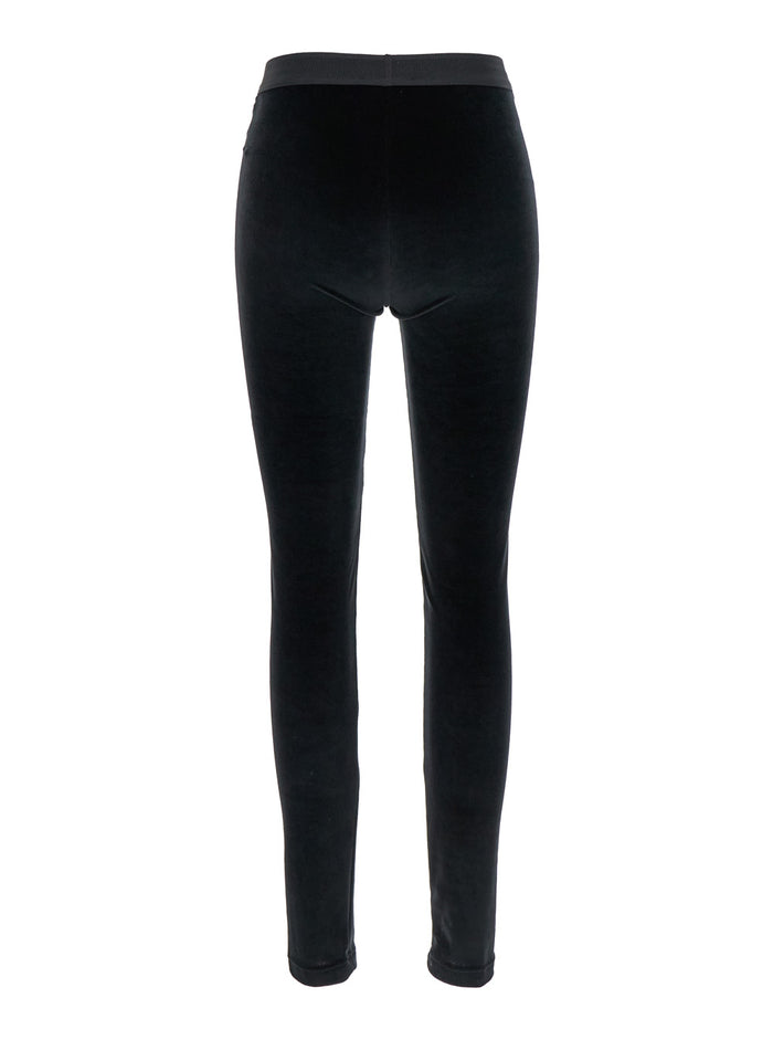 Black Leggings with Elasticated Waist and Logo Lettering in Velvet for Women Triacetate Polyester Trousers