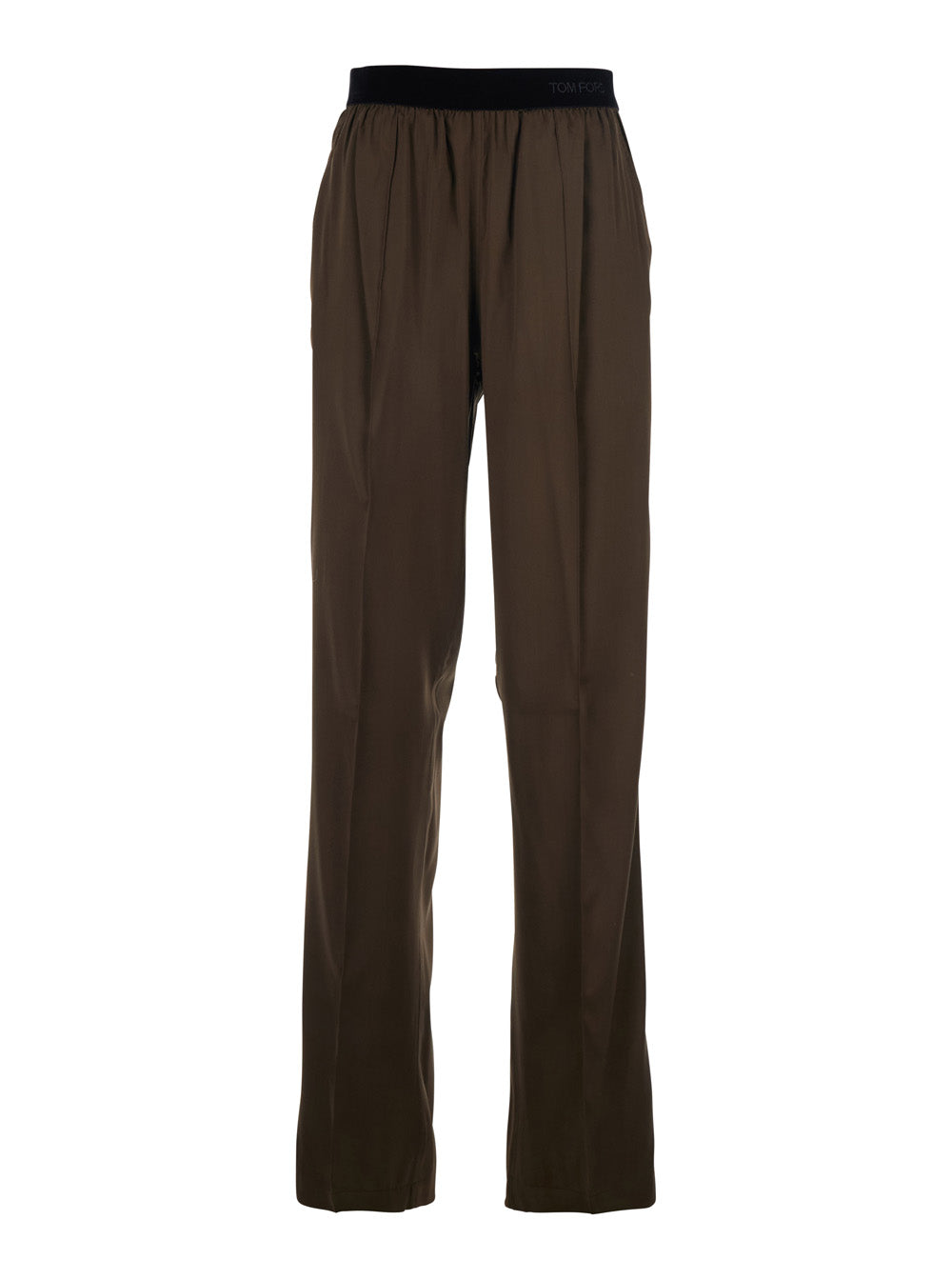 Brown Pants with Elastic Waist and logo lettering in Stretch Silk for Women Elastane Trousers