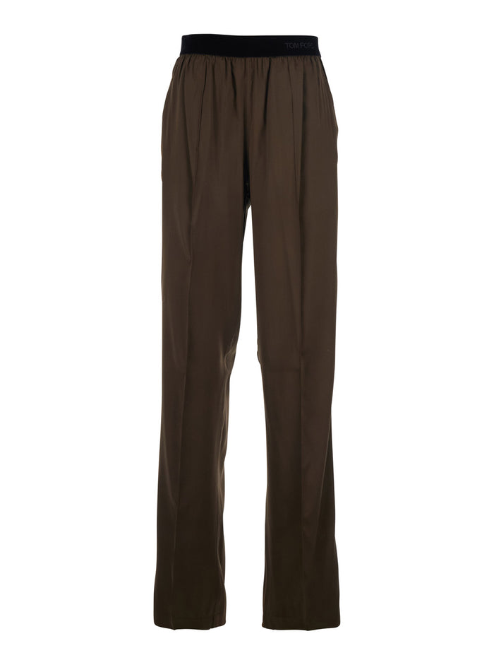 Brown Pants with Elastic Waist and logo lettering in Stretch Silk for Women Elastane Trousers