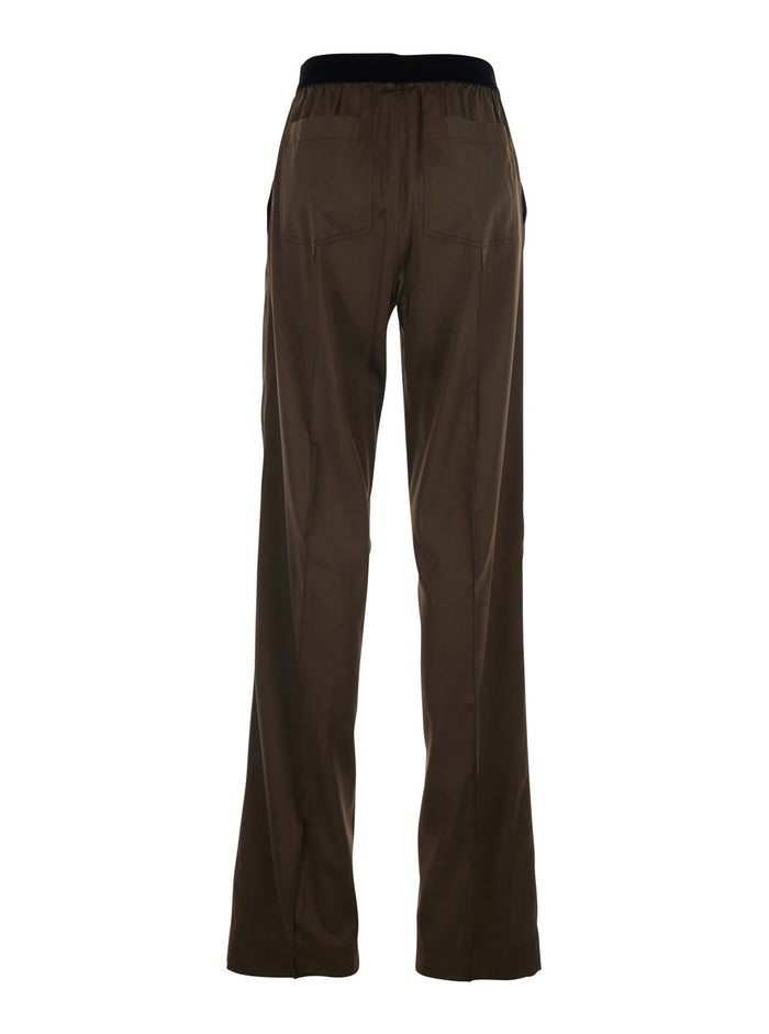 Brown Pants with Elastic Waist and logo lettering in Stretch Silk for Women Elastane Trousers