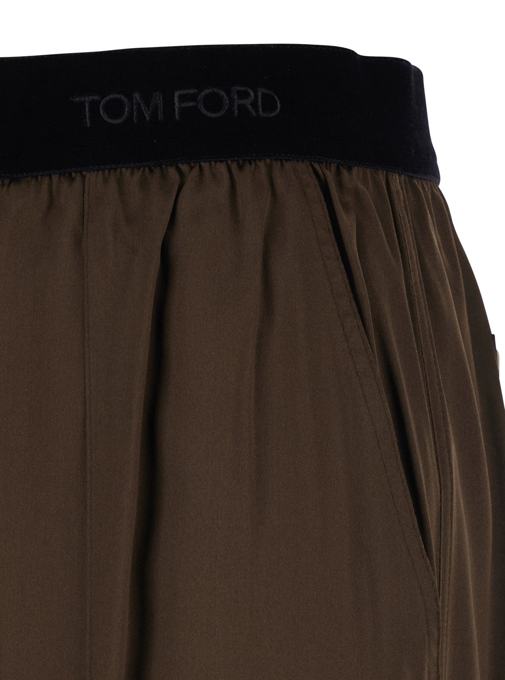 Brown Pants with Elastic Waist and logo lettering in Stretch Silk for Women Elastane Trousers