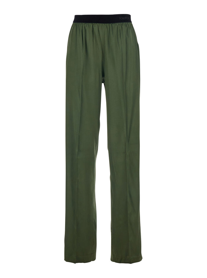 Green Elastic Waist Pants with Logo Lettering in Stretch Silk Woman Elastane Trousers