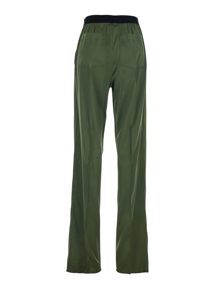 Green Elastic Waist Pants with Logo Lettering in Stretch Silk Woman Elastane Trousers
