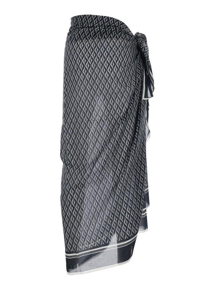 Black and White Asymmetrical Pareo with Geometric Motif in Cotton for Women White/black Skirt
