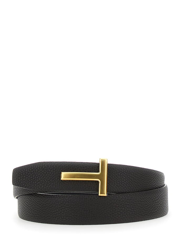 Brown Reversible Belt with T Buckle on the Front in Grained Leather for Men Calf