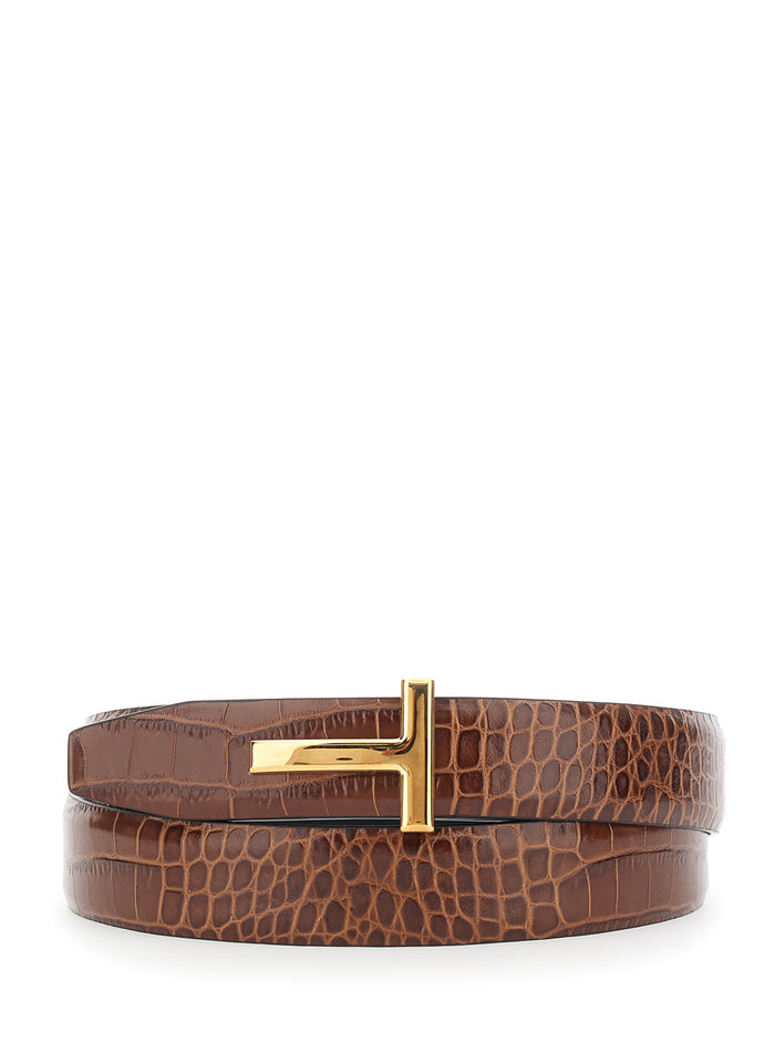 Brown Reversible Belt with T Buckle and Crocodile-Embossed Effect in Leather for Men Calf