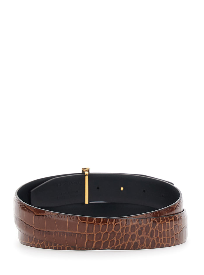 Brown Reversible Belt with T Buckle and Crocodile-Embossed Effect in Leather for Men Calf