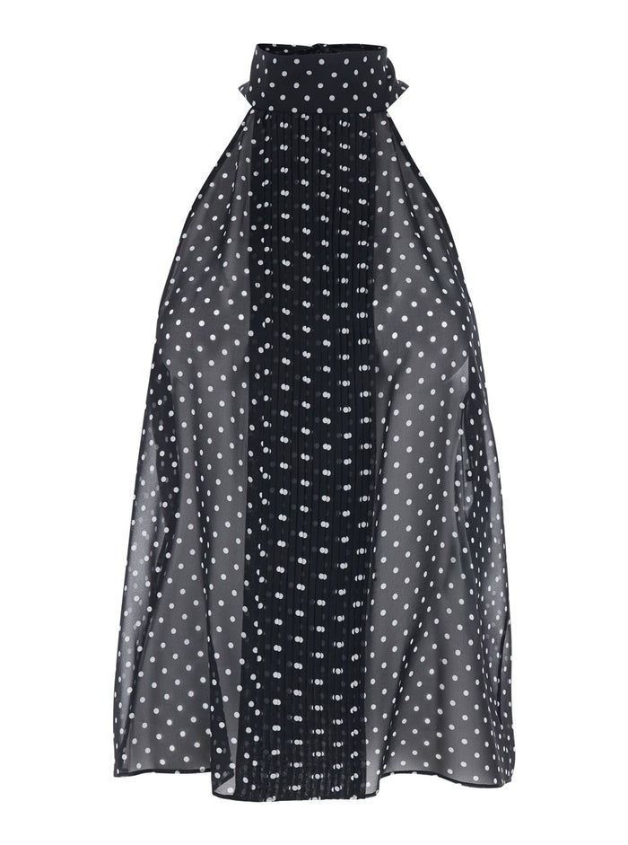 Black Top with Halterneck and All-Over Polka Dot Motif in Silk Woman Tops