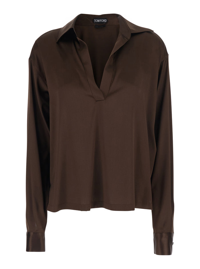 Brown Blouse with Wide Pointed Collar and V-Neck in Stretch Silk for Women Elastane Shirts Blouses