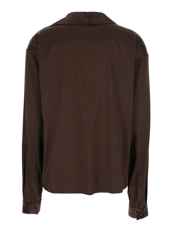 Brown Blouse with Wide Pointed Collar and V-Neck in Stretch Silk for Women Elastane Shirts Blouses