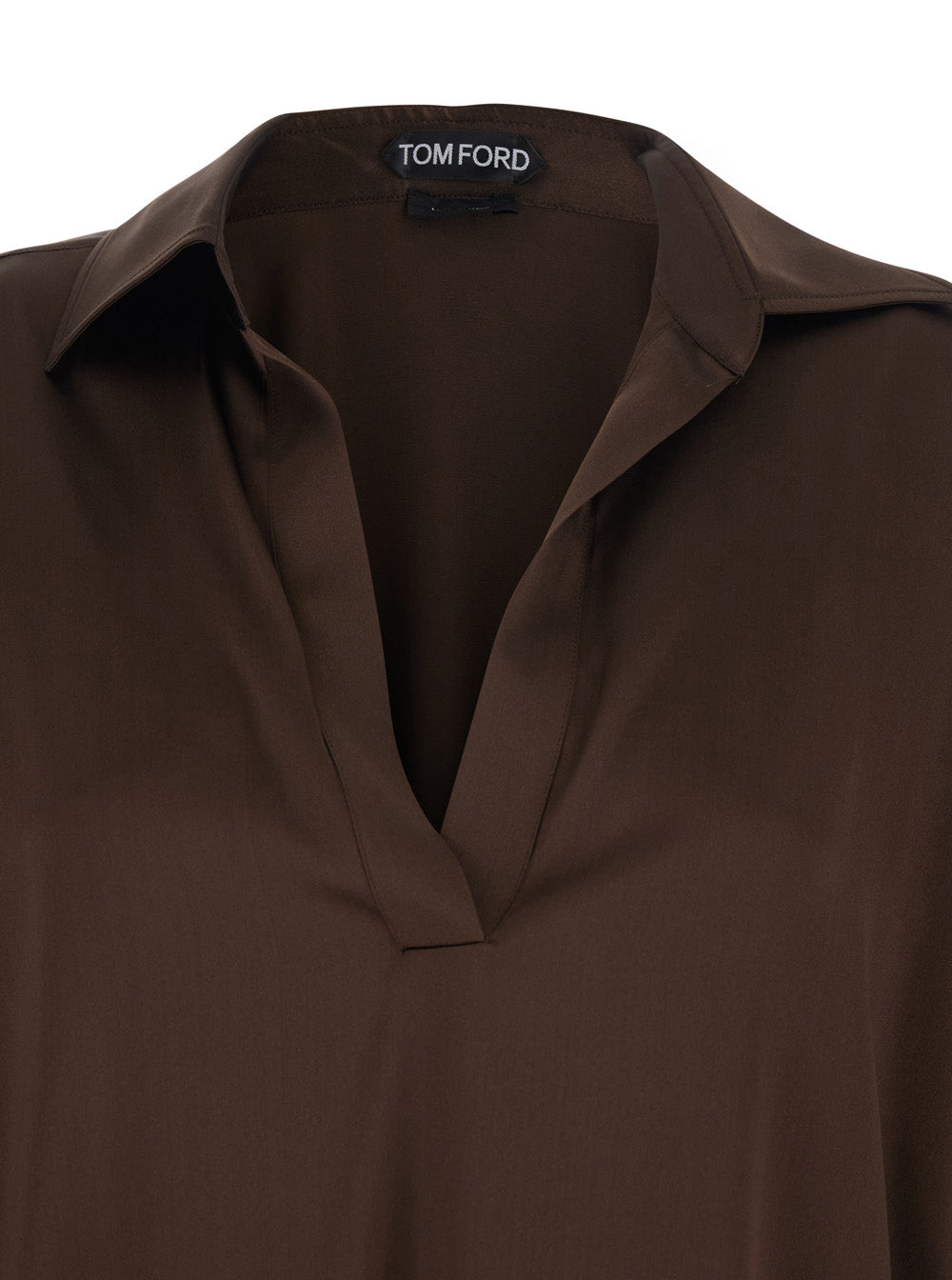 Brown Blouse with Wide Pointed Collar and V-Neck in Stretch Silk for Women Elastane Shirts Blouses