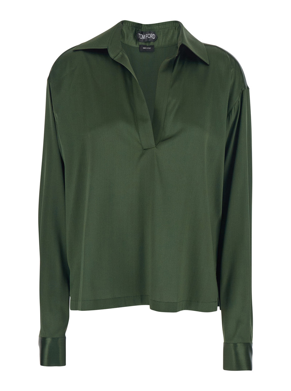 Green Blouse with Wide Pointed Collar and V-Neck in Stretch Silk Women Elastane Shirts Blouses