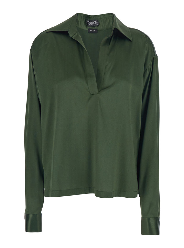 Green Blouse with Wide Pointed Collar and V-Neck in Stretch Silk Women Elastane Shirts Blouses