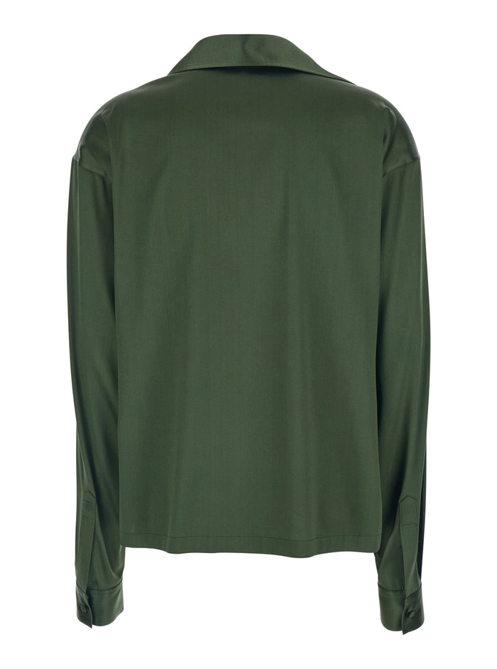 Green Blouse with Wide Pointed Collar and V-Neck in Stretch Silk Women Elastane Shirts Blouses