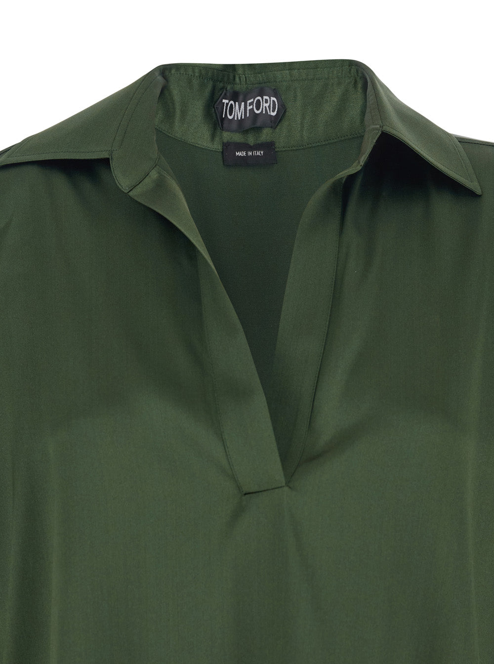 Green Blouse with Wide Pointed Collar and V-Neck in Stretch Silk Women Elastane Shirts Blouses
