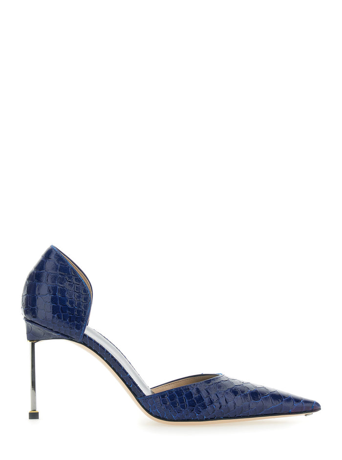 DOrsay Blue Pumps with Stiletto Heel and Crocodile-Embossed Effect in Leather for Women Blu Calf Steel Brass Heels