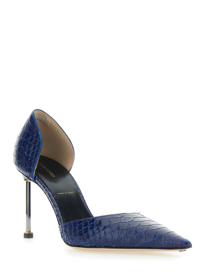 DOrsay Blue Pumps with Stiletto Heel and Crocodile-Embossed Effect in Leather for Women Blu Calf Steel Brass Heels