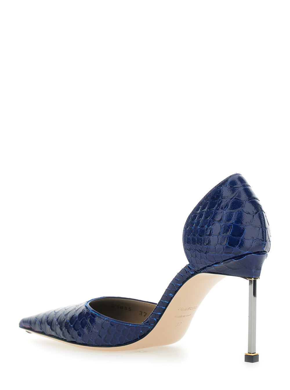 DOrsay Blue Pumps with Stiletto Heel and Crocodile-Embossed Effect in Leather for Women Blu Calf Steel Brass Heels