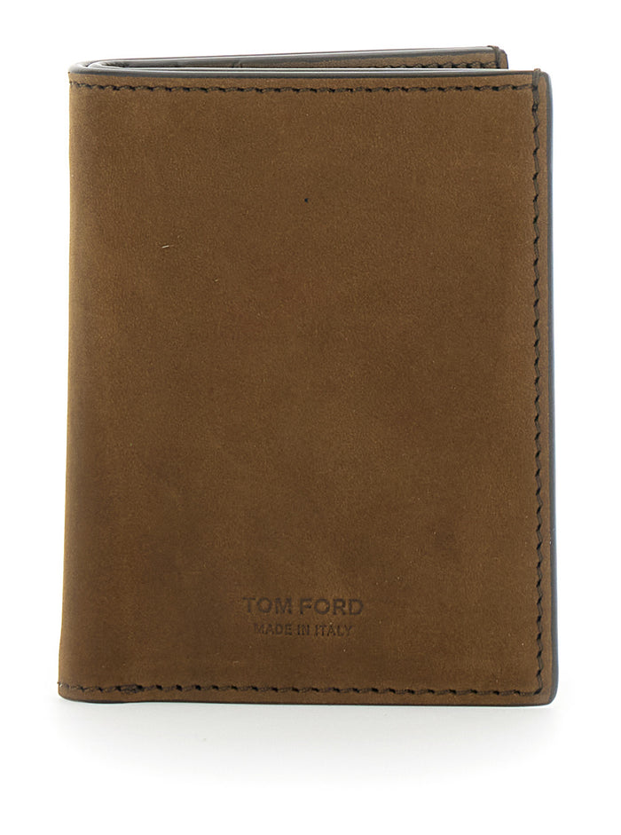 Brown Leather Card Holder with Logo Lettering on the Front for Men Calf Products