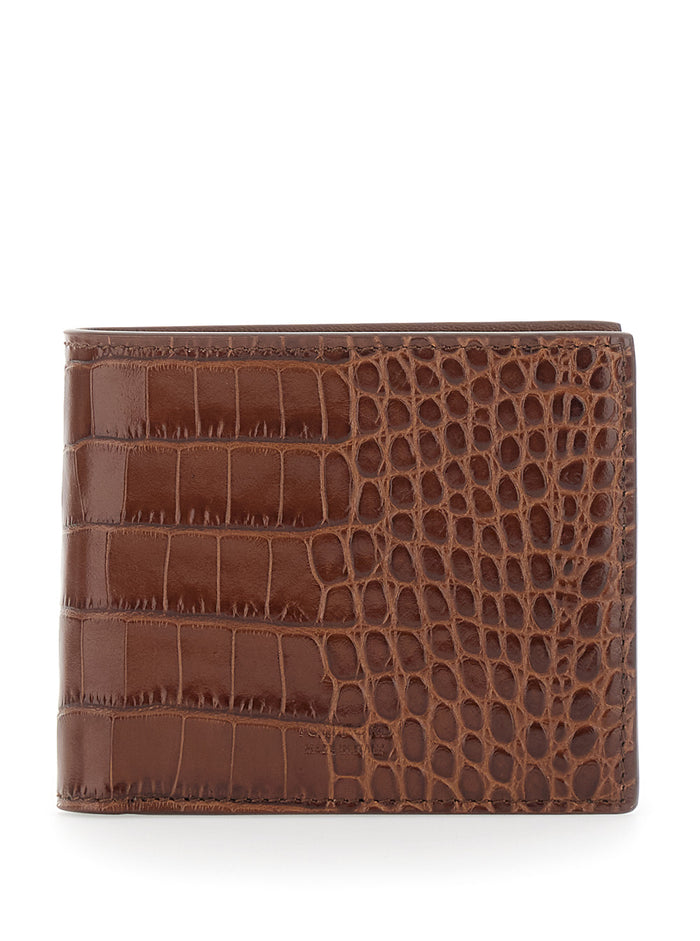 Brown Crocodile-Embossed Leather Bi-Fold Wallet for Men Calf Products
