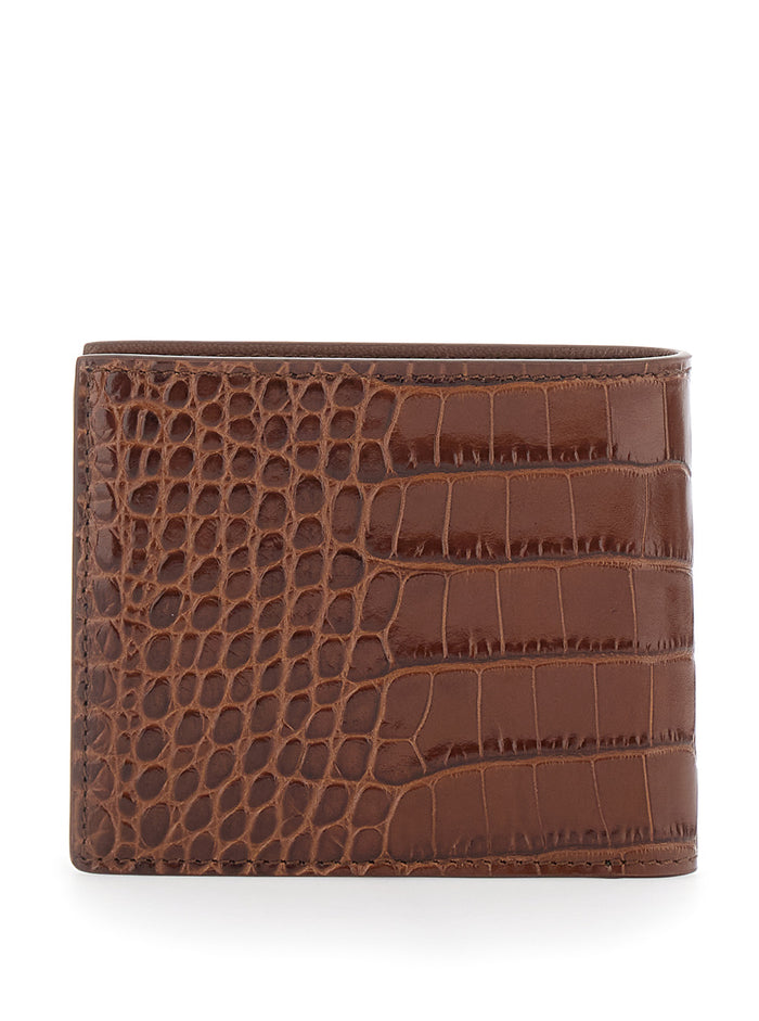 Brown Crocodile-Embossed Leather Bi-Fold Wallet for Men Calf Products