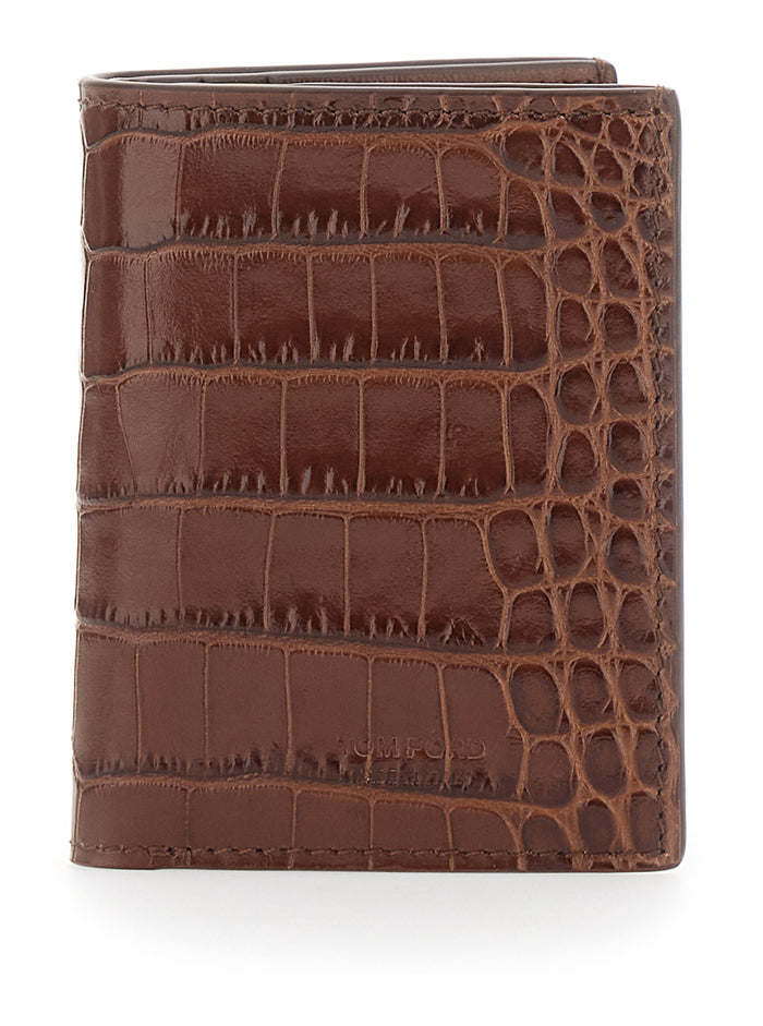Folded Cardholder Crocodile Effect in Brown Leather for Men Calf Products