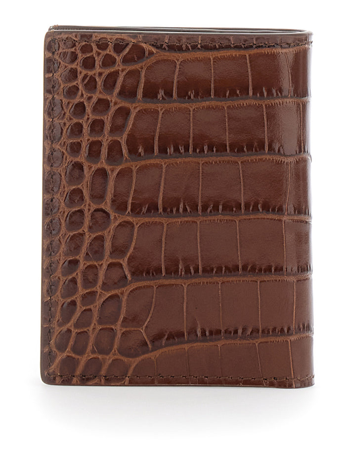Folded Cardholder Crocodile Effect in Brown Leather for Men Calf Products