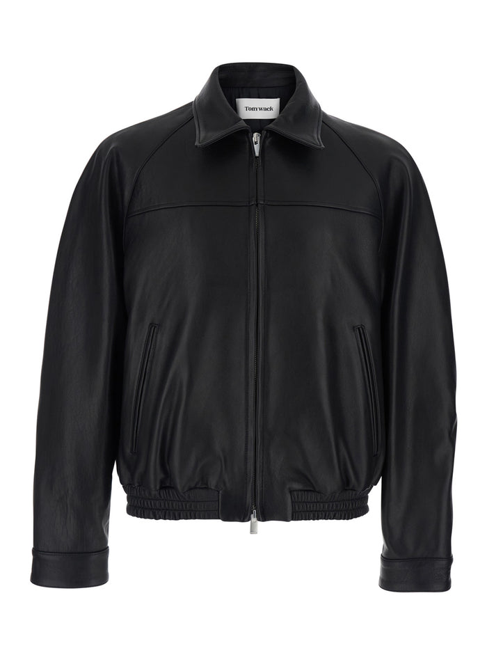 Black Leather Jacket with Classic Collar and Two Zip Pockets for Men Lamb Outerwear