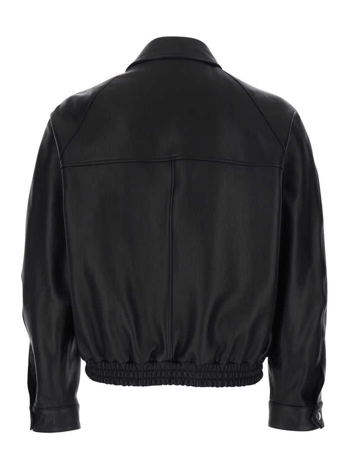 Black Leather Jacket with Classic Collar and Two Zip Pockets for Men Lamb Outerwear
