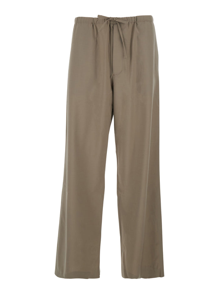 Brown Drawstring Waist Wool Blend Trousers for Men Polyester Polyurethane
